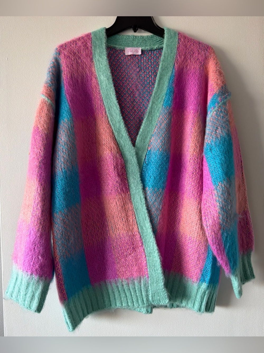 PINK LILY Pastel Plaid Mohair Style Fuzzy Knit Oversized Cardigan Sweater Small